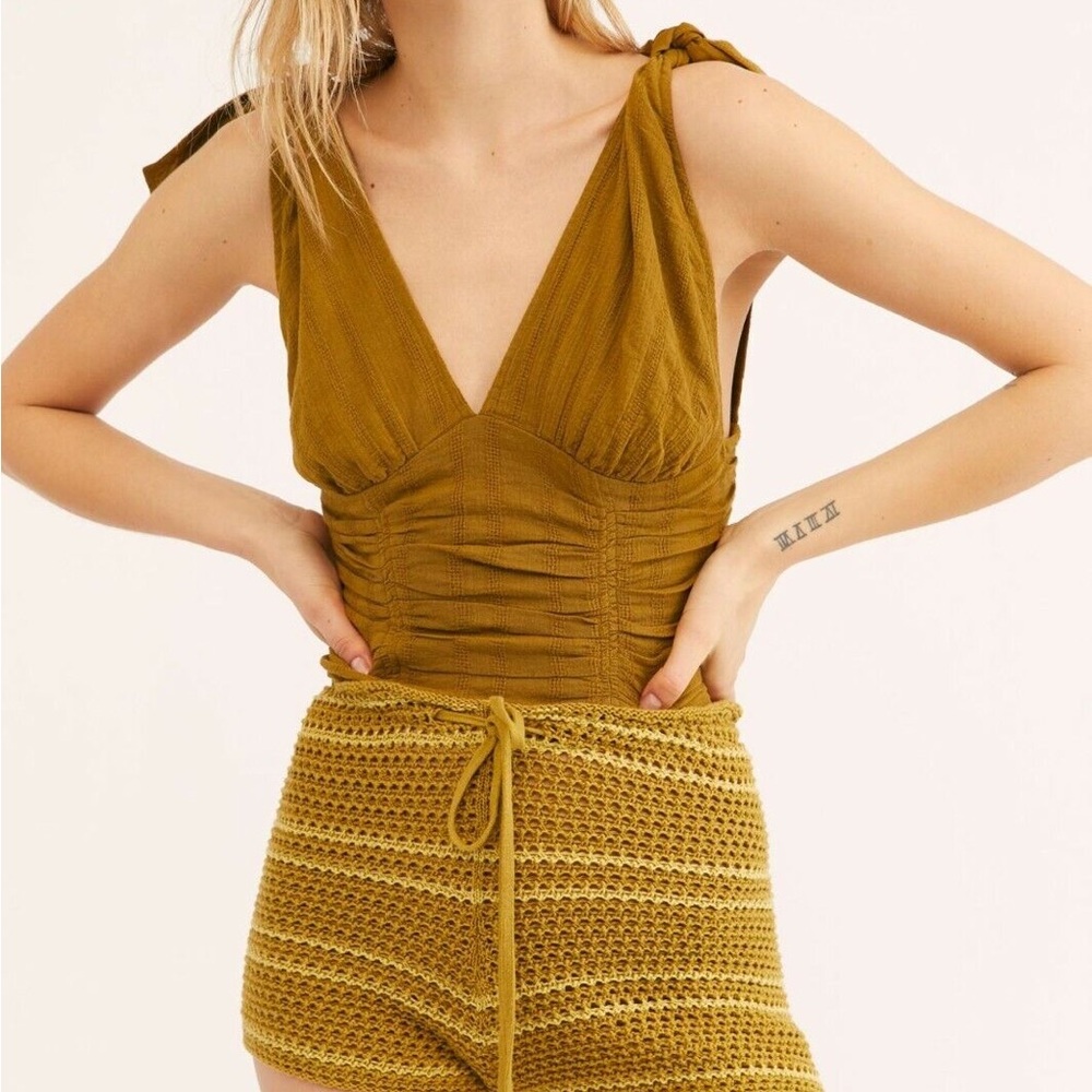 Free People Eva Smocked Tie Top Pintuck Olive Green